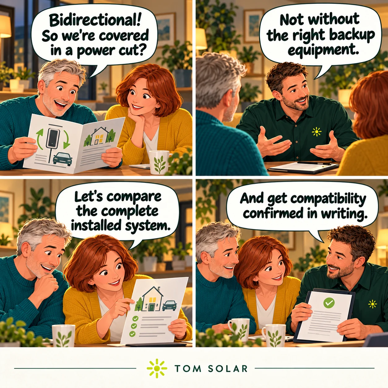 Comic: a couple realise that a bidirectional charger alone is not a complete power-cut solution; they request a full installed quotation and written compatibility.