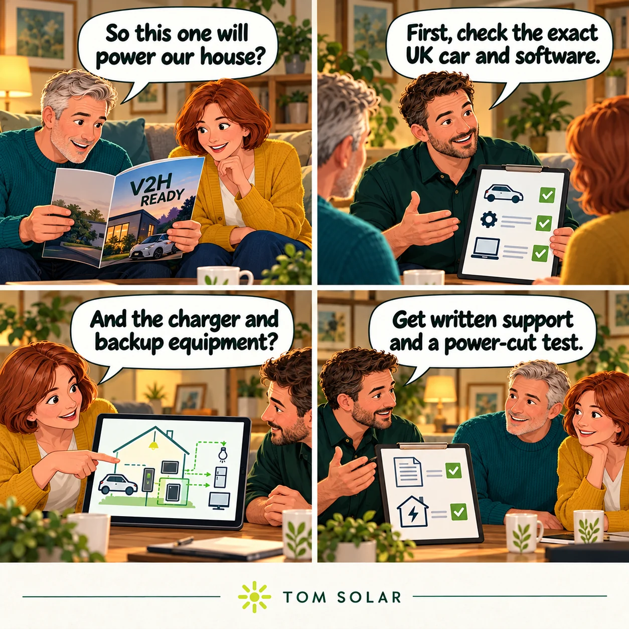 Comic: a couple ask an adviser to check the exact UK vehicle, software, charger, backup equipment and written warranty support before choosing a V2H-ready system.
